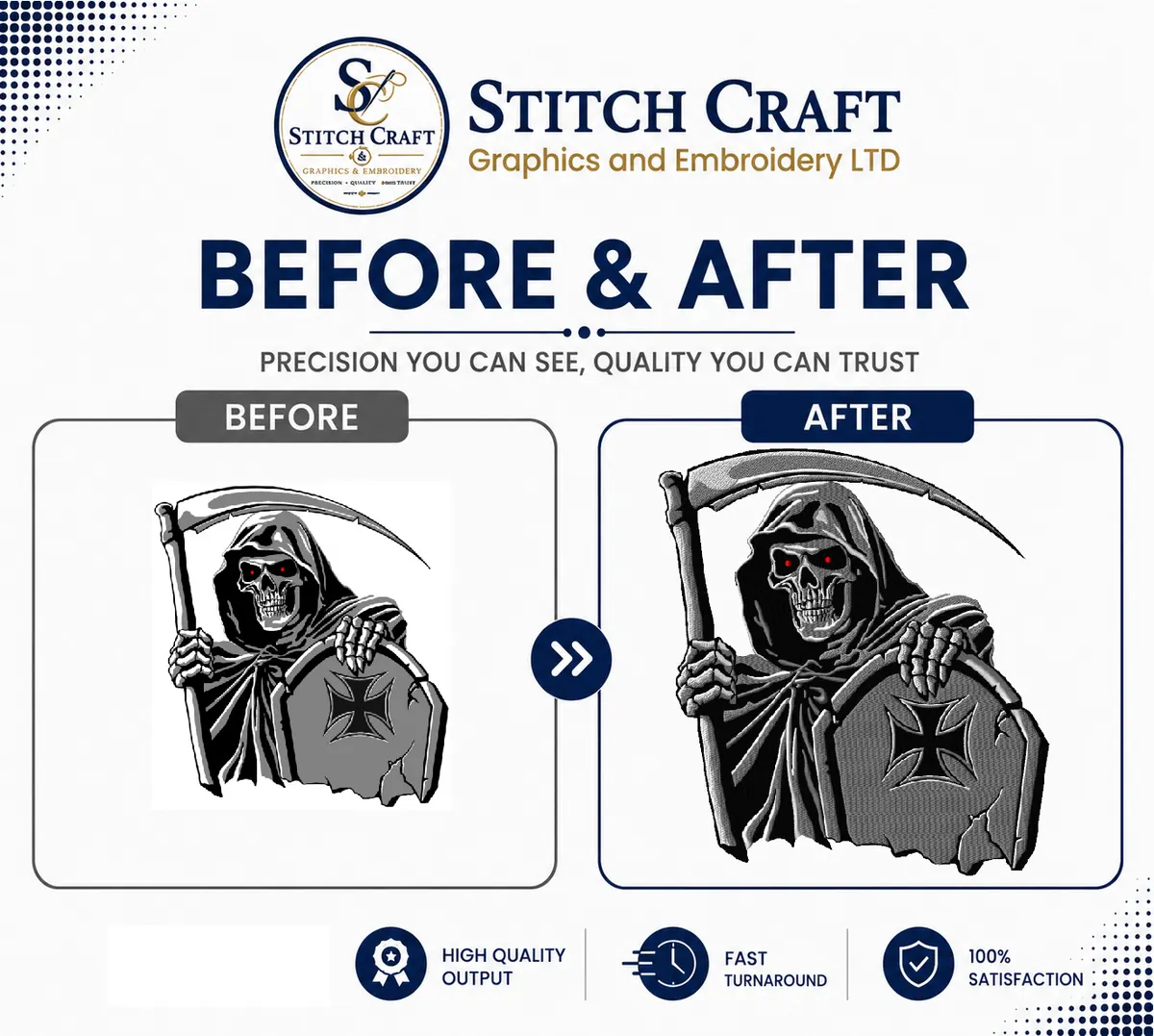 before and after grim reaper embroidery digitizing artwork sample