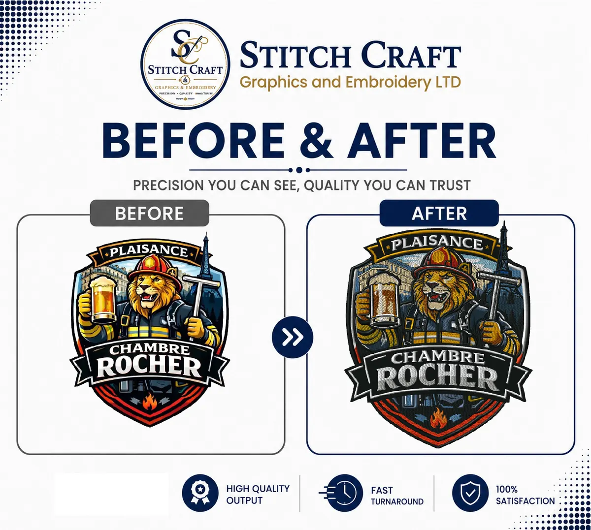 before and after embroidery digitizing patch portfolio example