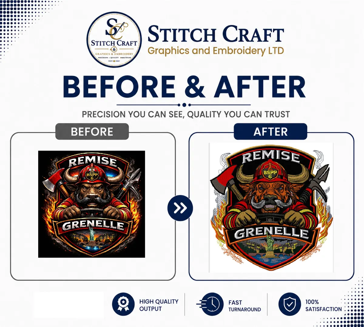 before and after Remise Grenelle embroidery digitizing portfolio sample