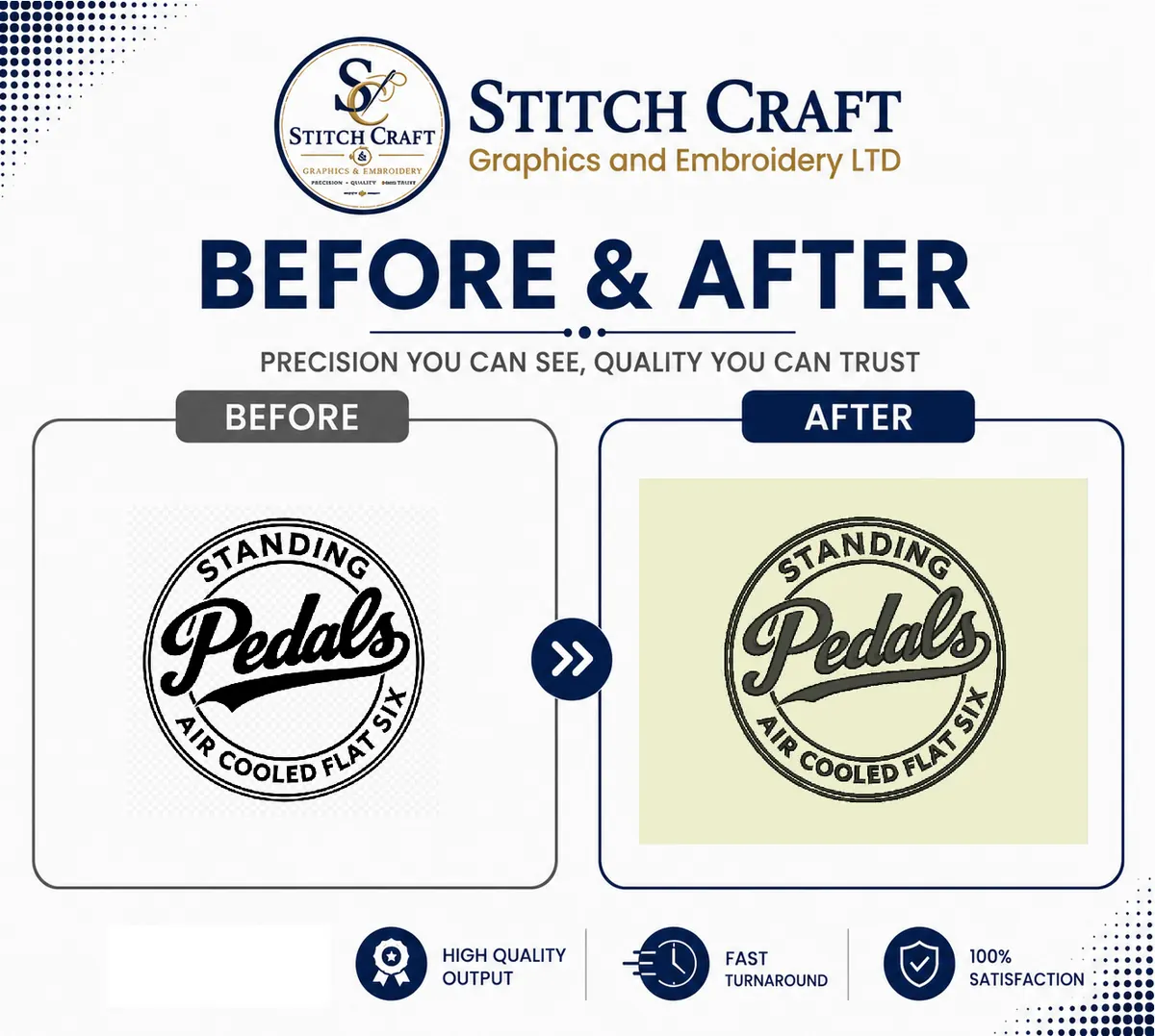 before and after Standing Pedals embroidery digitizing portfolio sample