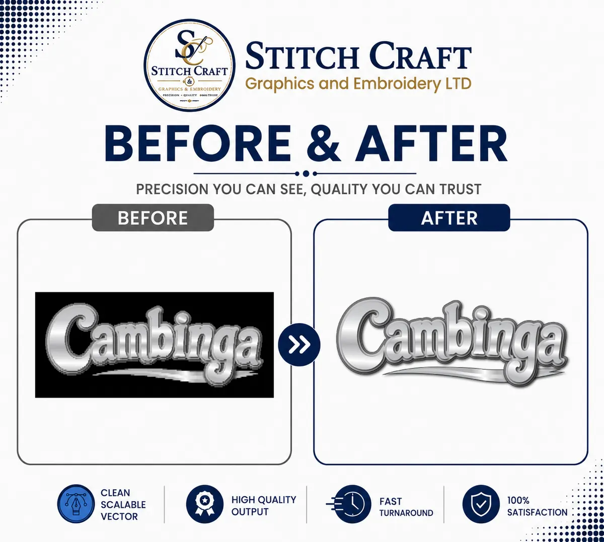 before and after Cambinga metallic logo vector cleanup sample