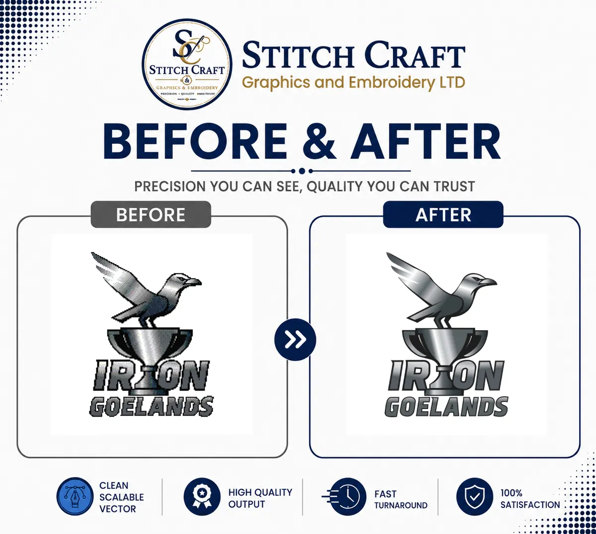 before and after Iron Goelands vector logo cleanup portfolio sample