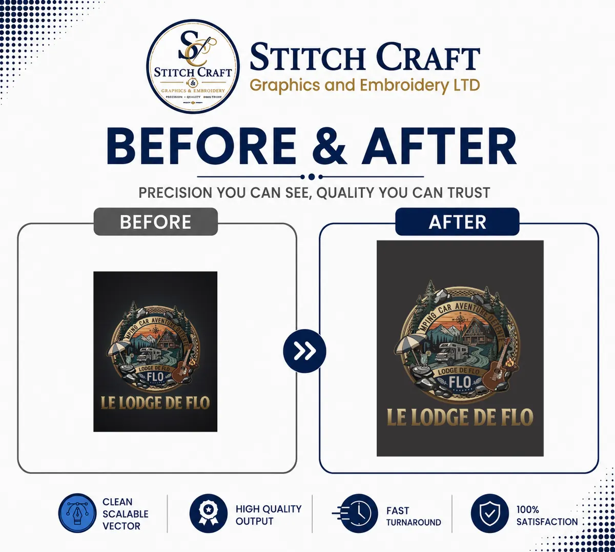 before and after Le Lodge De Flo vector artwork conversion sample