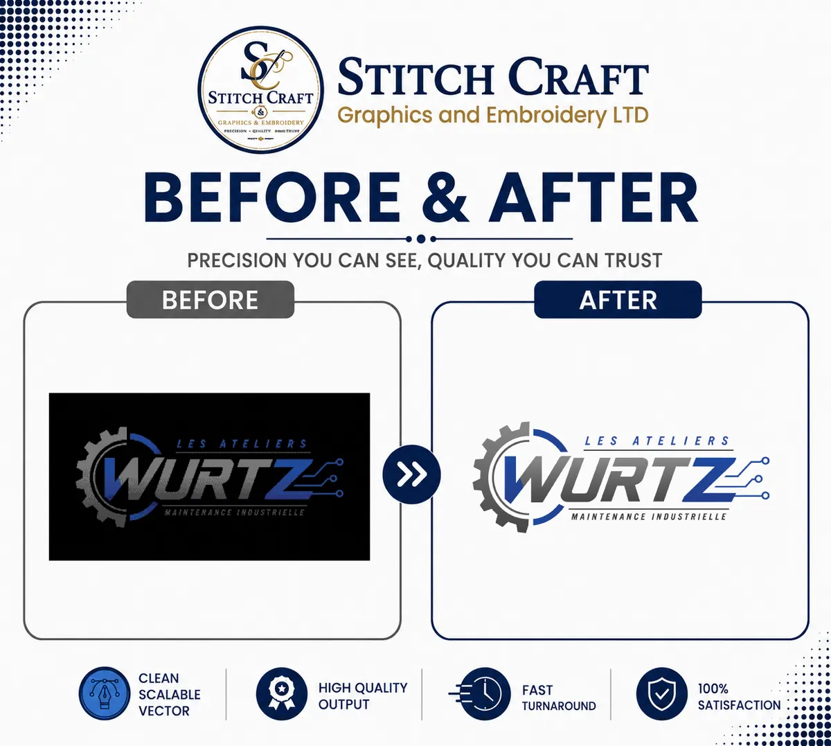 before and after Les Ateliers Wurtz vector logo redraw sample